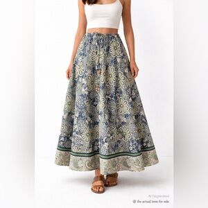 FILO Size 16 Blue Green Floral Boho Maxi Skirt Drawstring Cotton